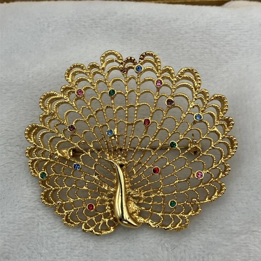 Large Gold Tone Colorful Crystal Peacock Brooch Statement Maximalist Coat Pin